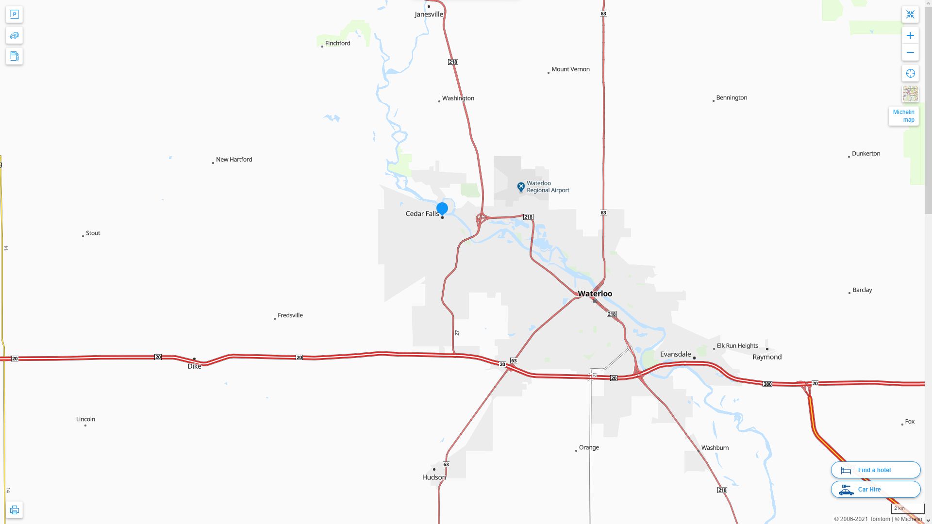 Cedar Falls iowa Highway and Road Map